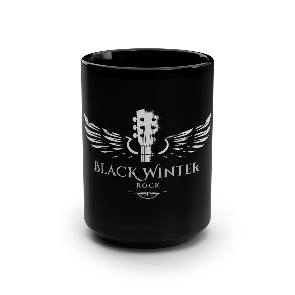 Taza negra — Taza de café de 453 ml con el logotipo de la guitarra rockera "Black Winter Rock"