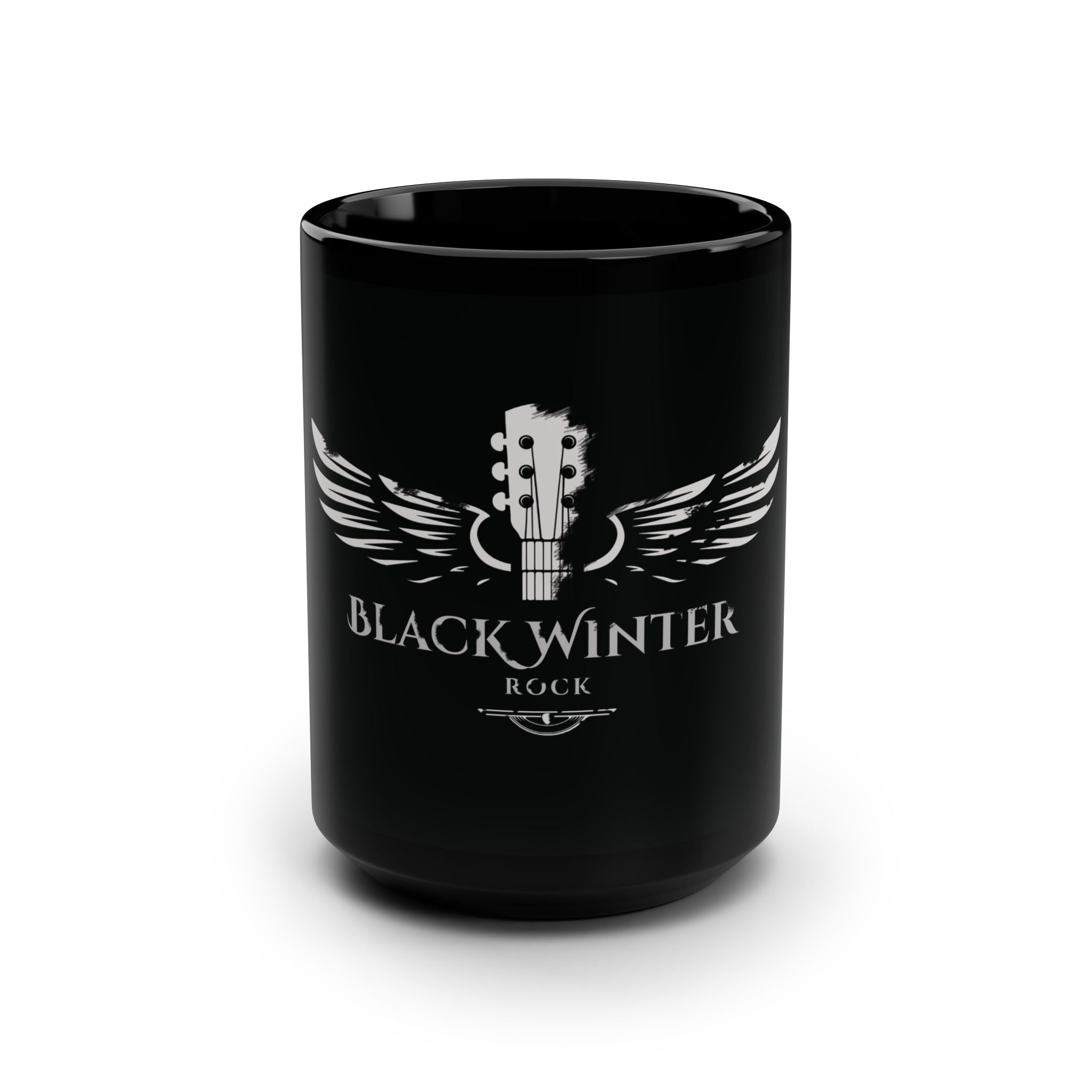 Taza negra — Taza de café de 453 ml con el logotipo de la guitarra rockera "Black Winter Rock"