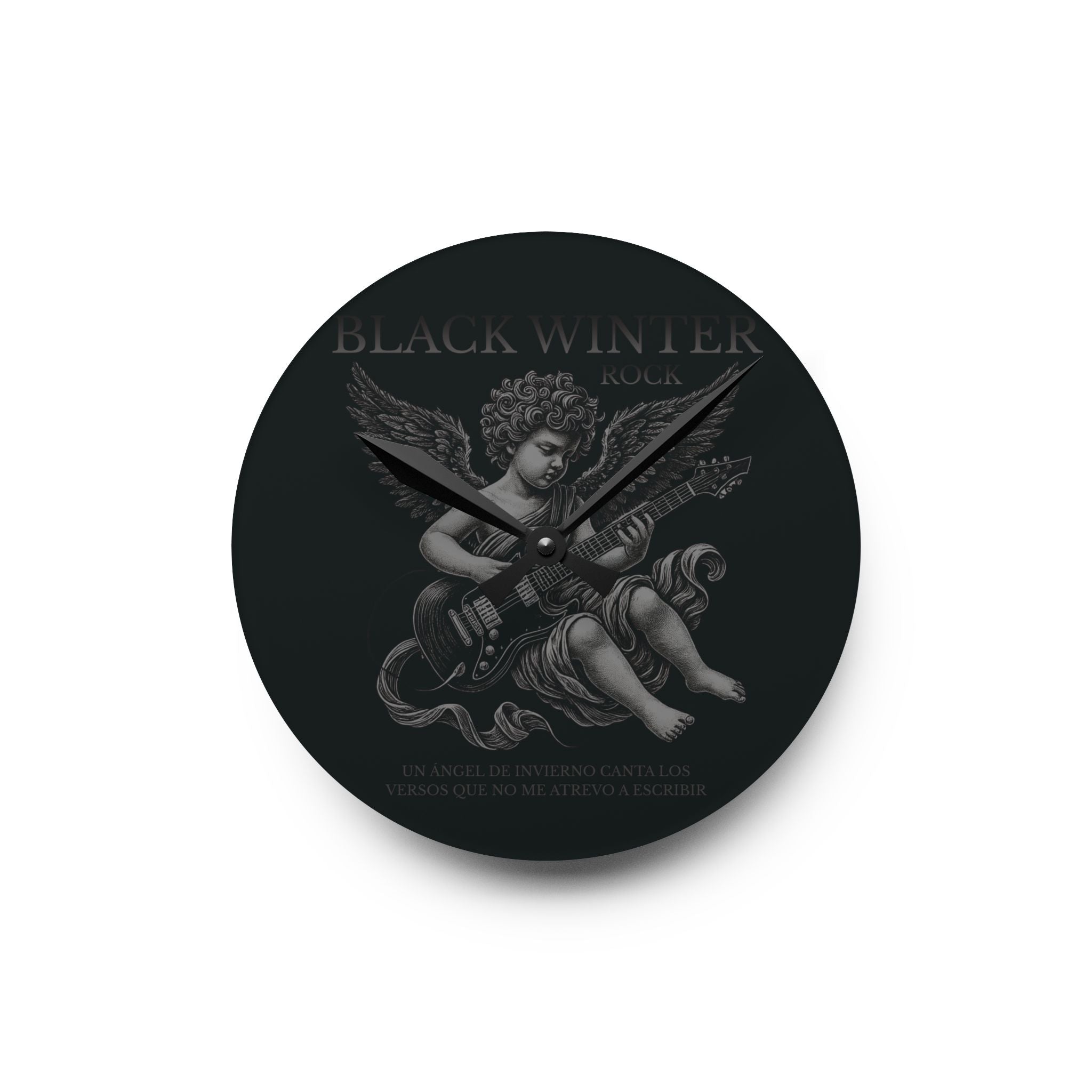 Reloj de pared acrílico — Guitarra gótica con querubín, diseño invernal negro