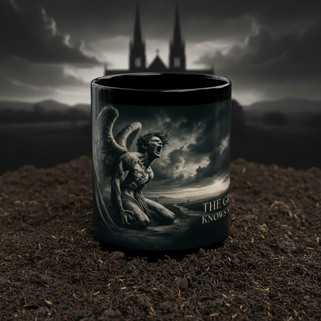 Taza negra "La Tierra Sabe Mi Nombre" — Taza de Café con Estatua Gótica de Ángel Caído (1)