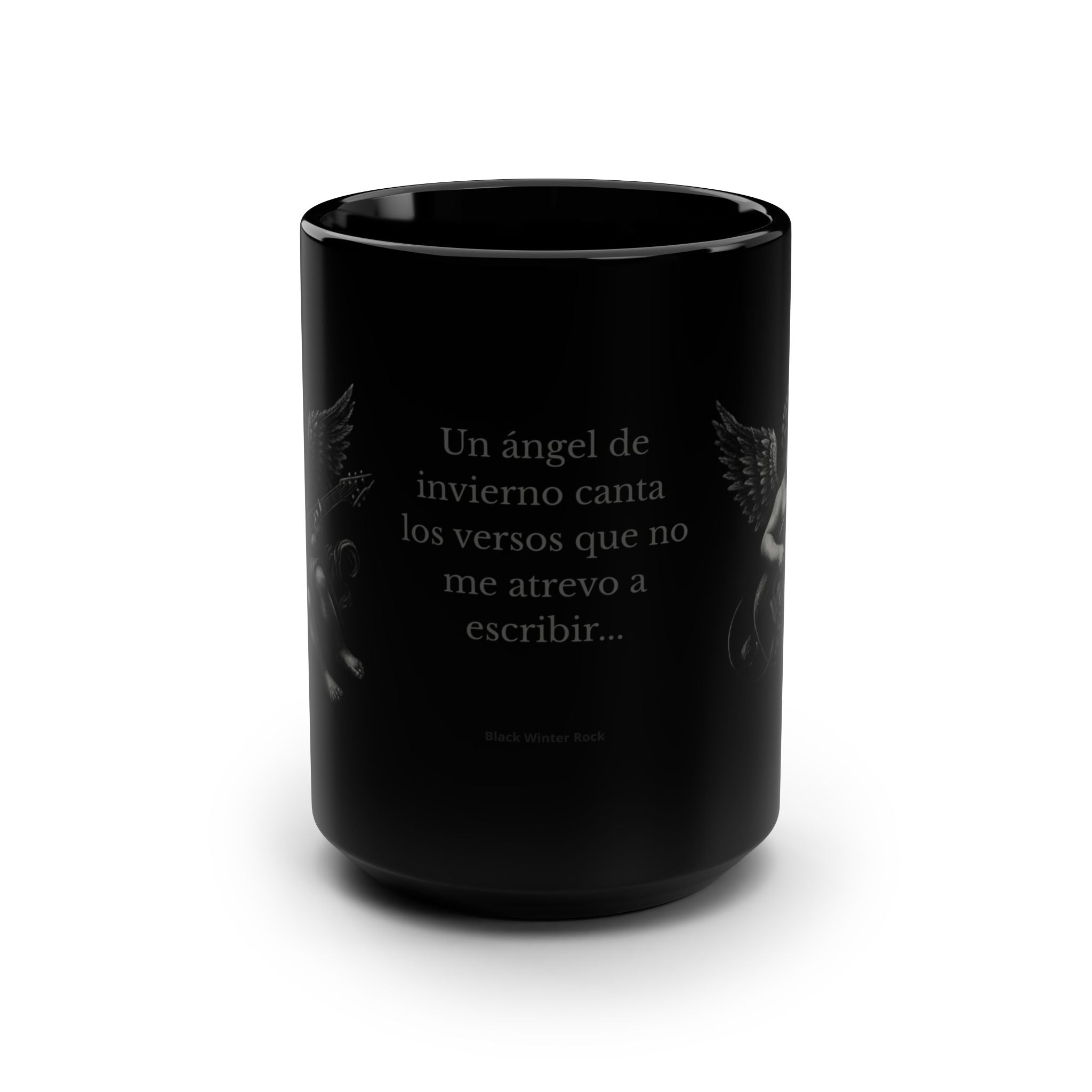 Black 15oz Mug — Black Winter Rock Logo "Un ángel de invierno canta los versos…"