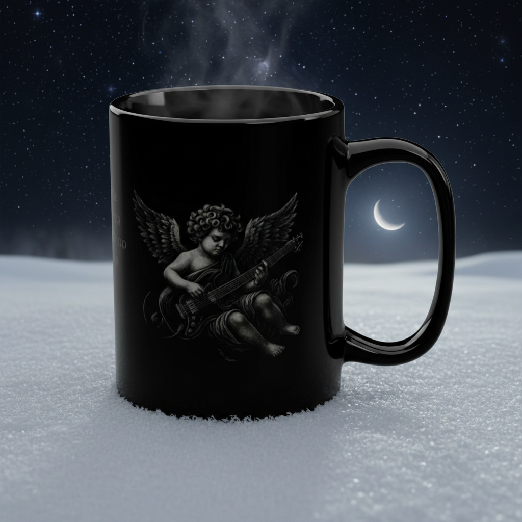 Black 15oz Mug — Black Winter Rock Logo "Un ángel de invierno canta los versos…"