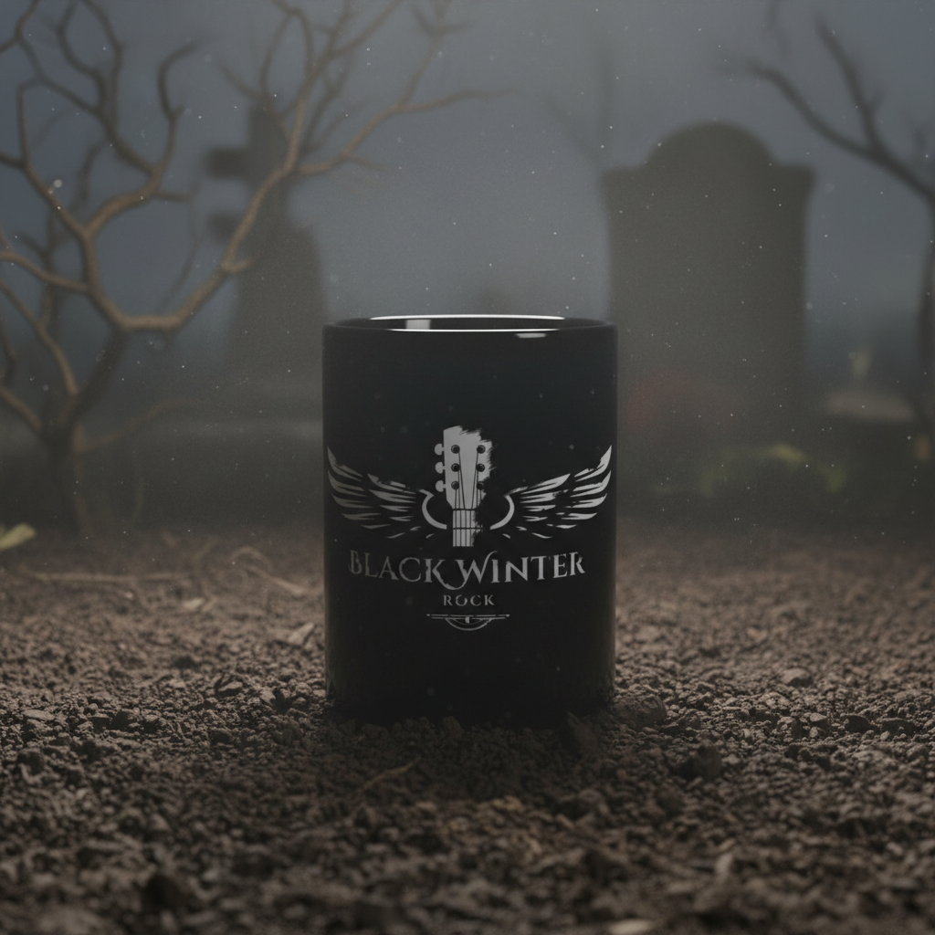 Taza negra — Taza de café de 453 ml con el logotipo de la guitarra rockera "Black Winter Rock"
