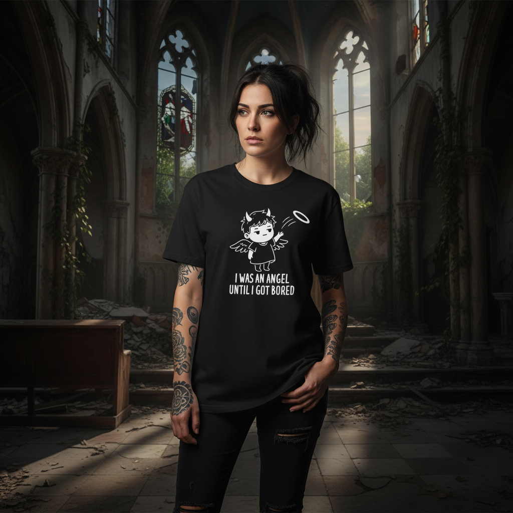 I Was an Angel Until I Got Bored – Funny Angel Devil T-Shirt | Sarcastic Dark Humor Graphic Tee