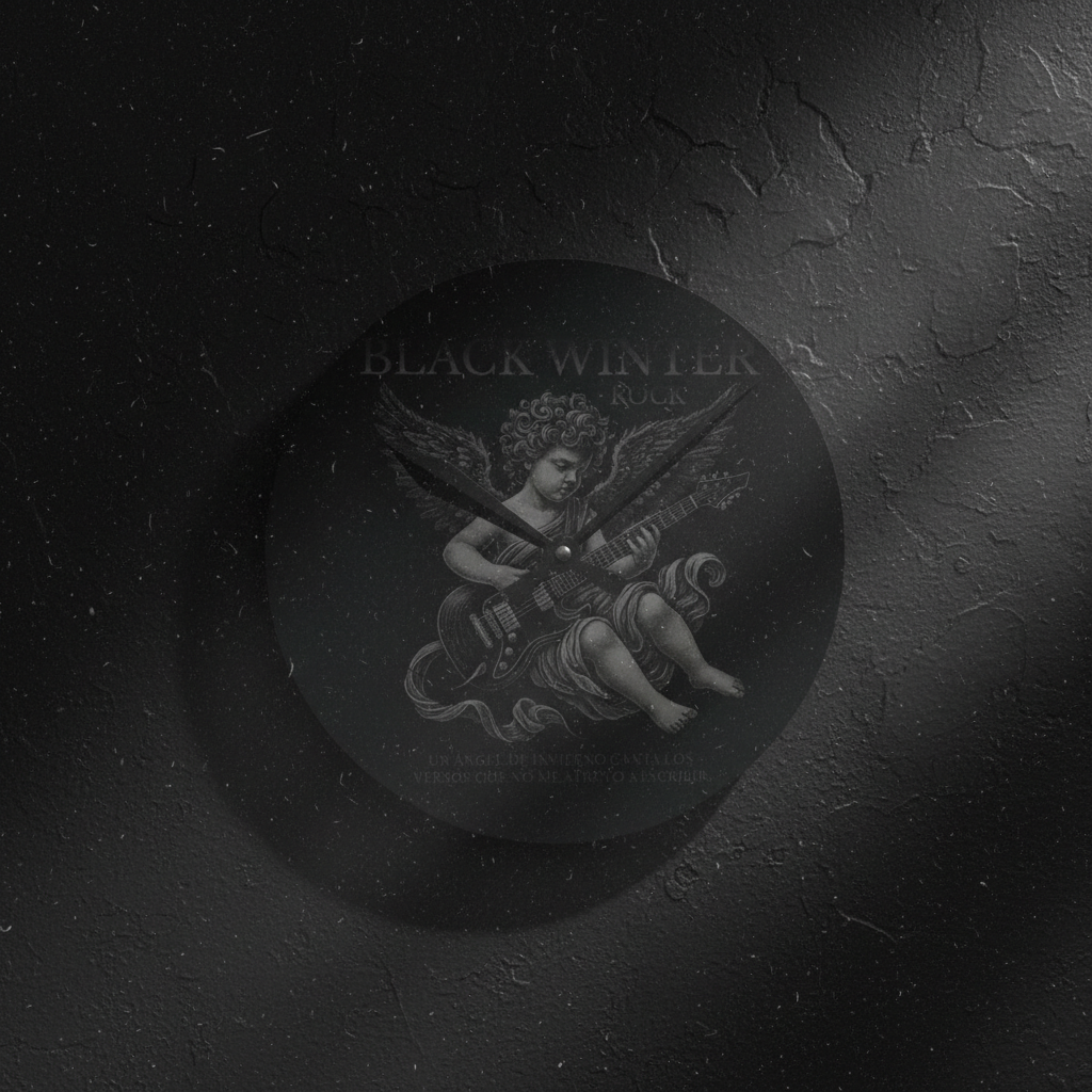 Reloj de pared acrílico — Guitarra gótica con querubín, diseño invernal negro