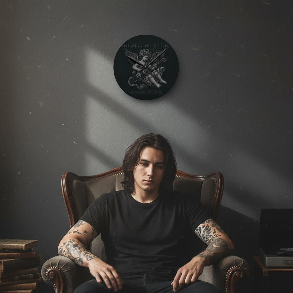 Reloj de pared acrílico — Guitarra gótica con querubín, diseño invernal negro